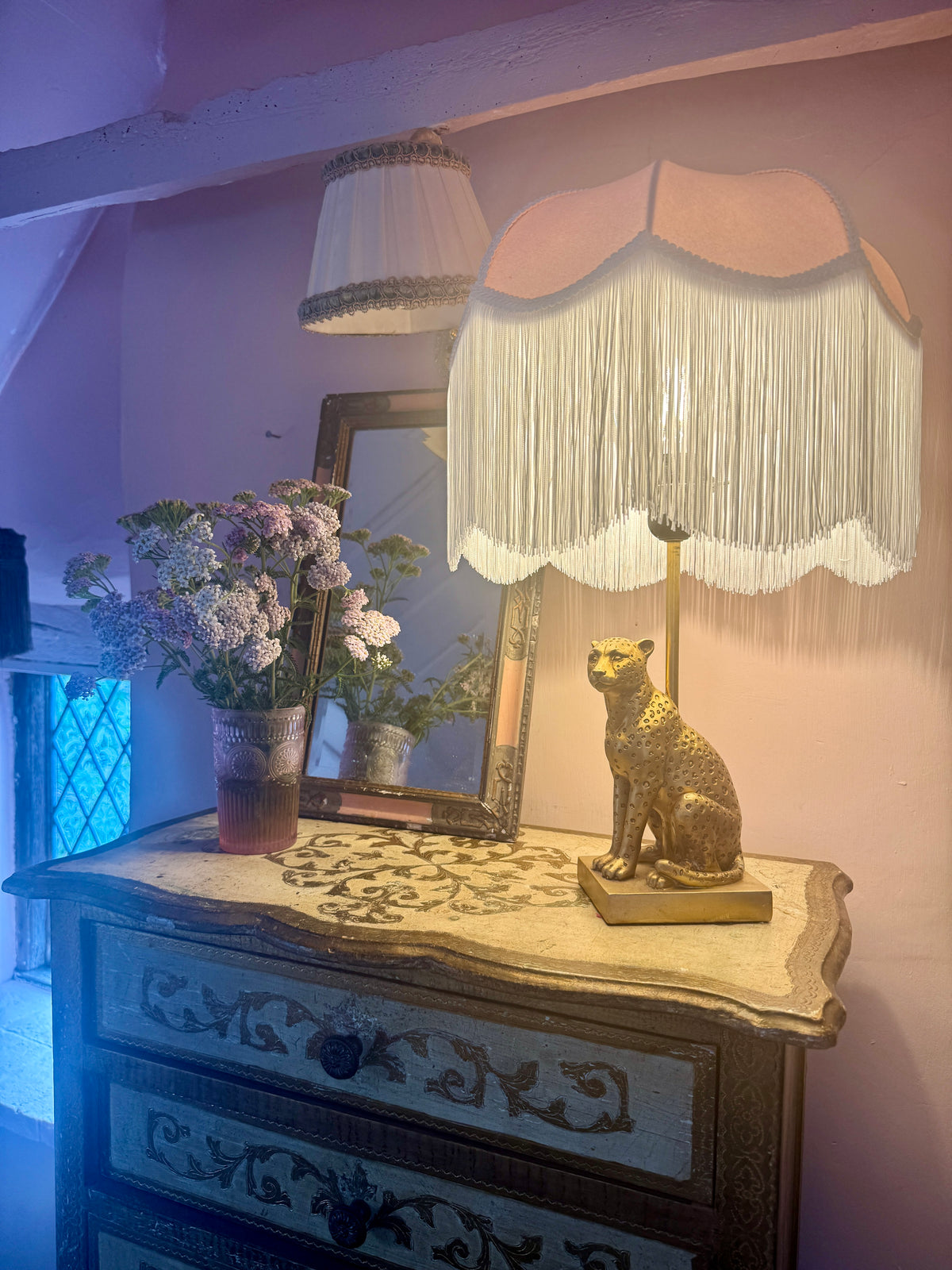 Handmade Dusky Pink Velvet & Ivory Fringe Lampshade
