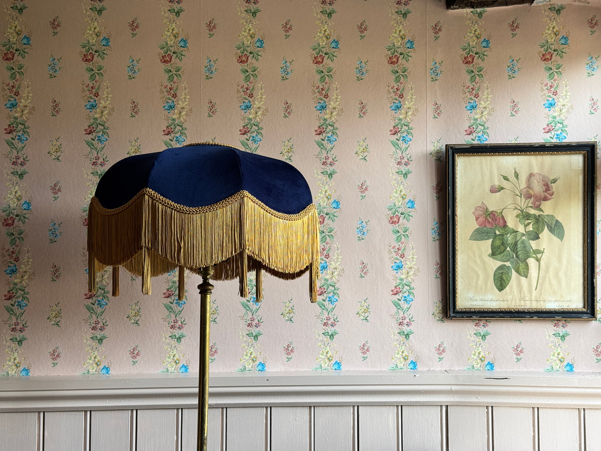 Handmade Navy Blue Velvet Fringe Lampshade With Gold Silk Fringe & Tassels