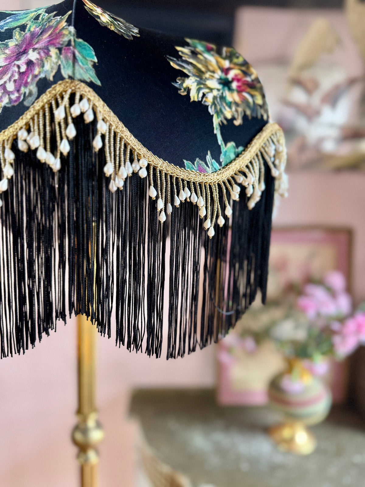 Handmade Black Floral Vintage Fringe Lampshade - One Of A Kind