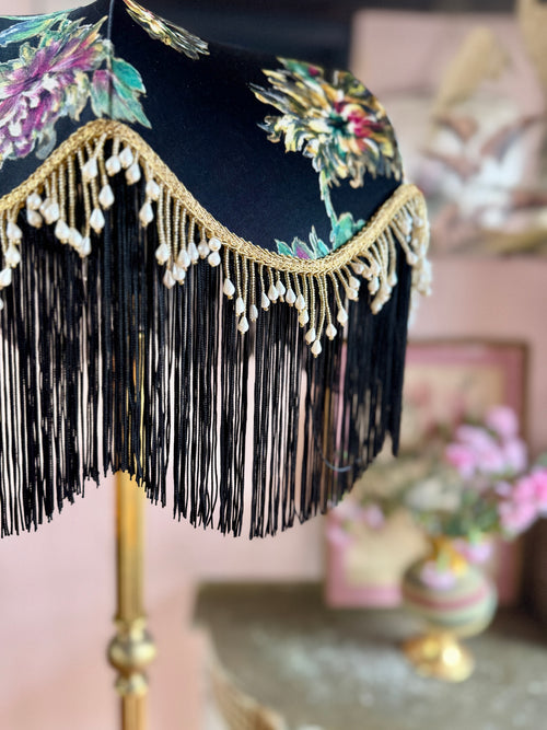 Handmade Black Floral Vintage Fringe Lampshade - One Of A Kind