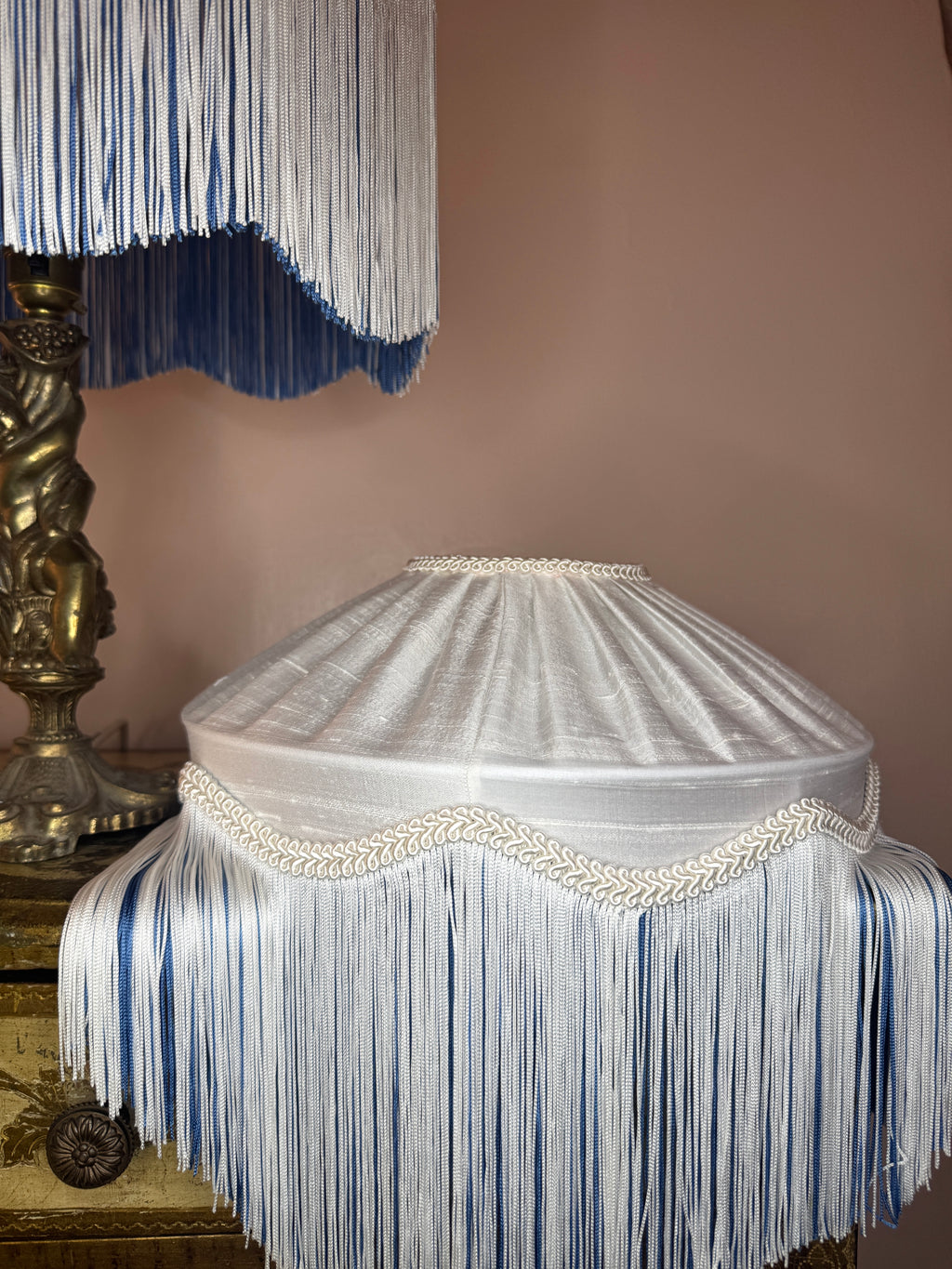 Handmade White Silk Pleated Lampshade with  White & Blue Two Tone Fringe