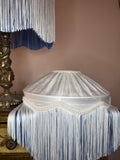 Handmade White Silk Pleated Lampshade with  White & Blue Two Tone Fringe