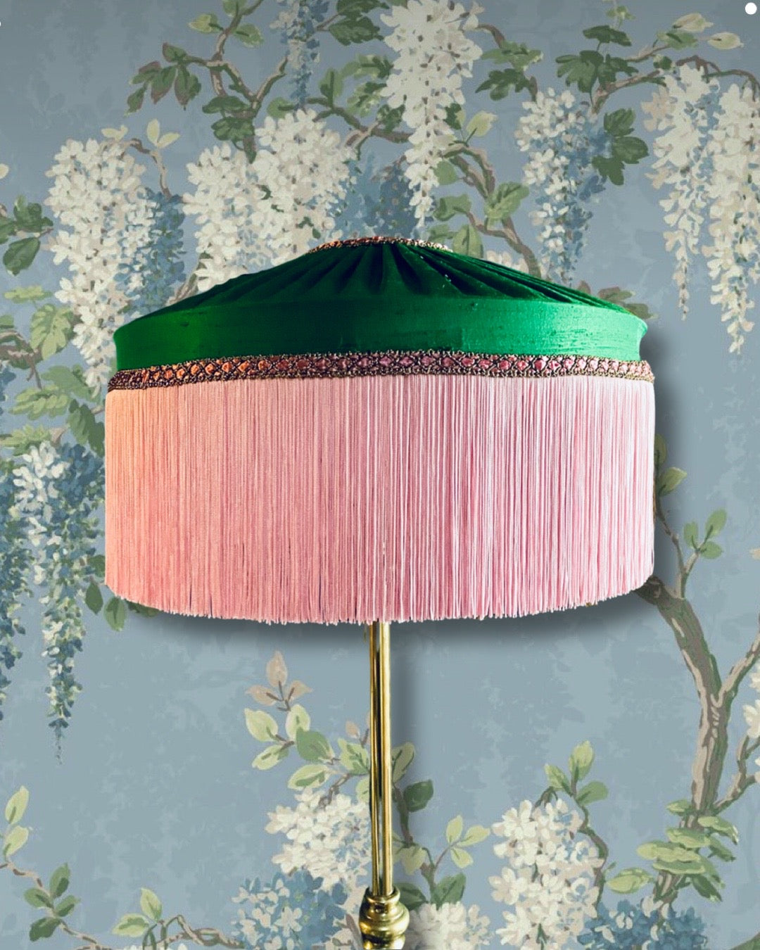 Handmade Emerald Silk  Lampshade with Bright Pink Silk Fringe