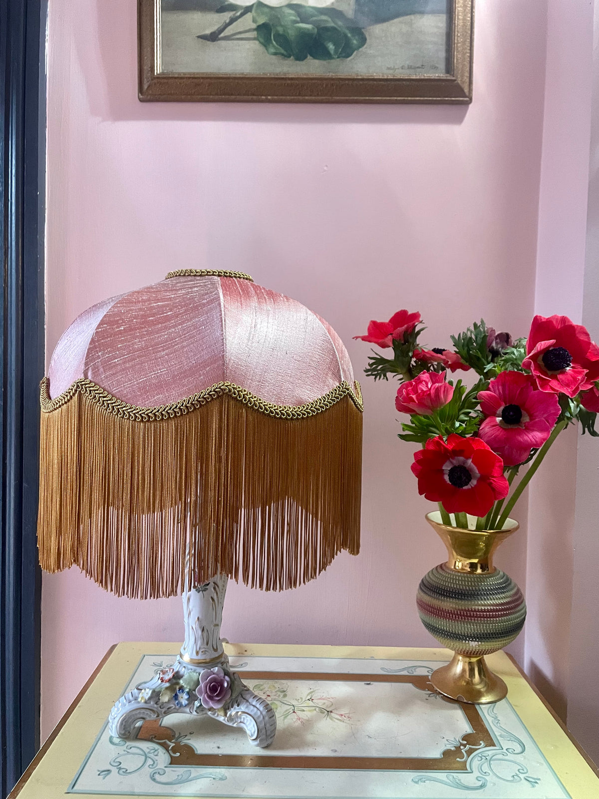 Handmade Antique Rose & Gold Silk Fringe Lampshade