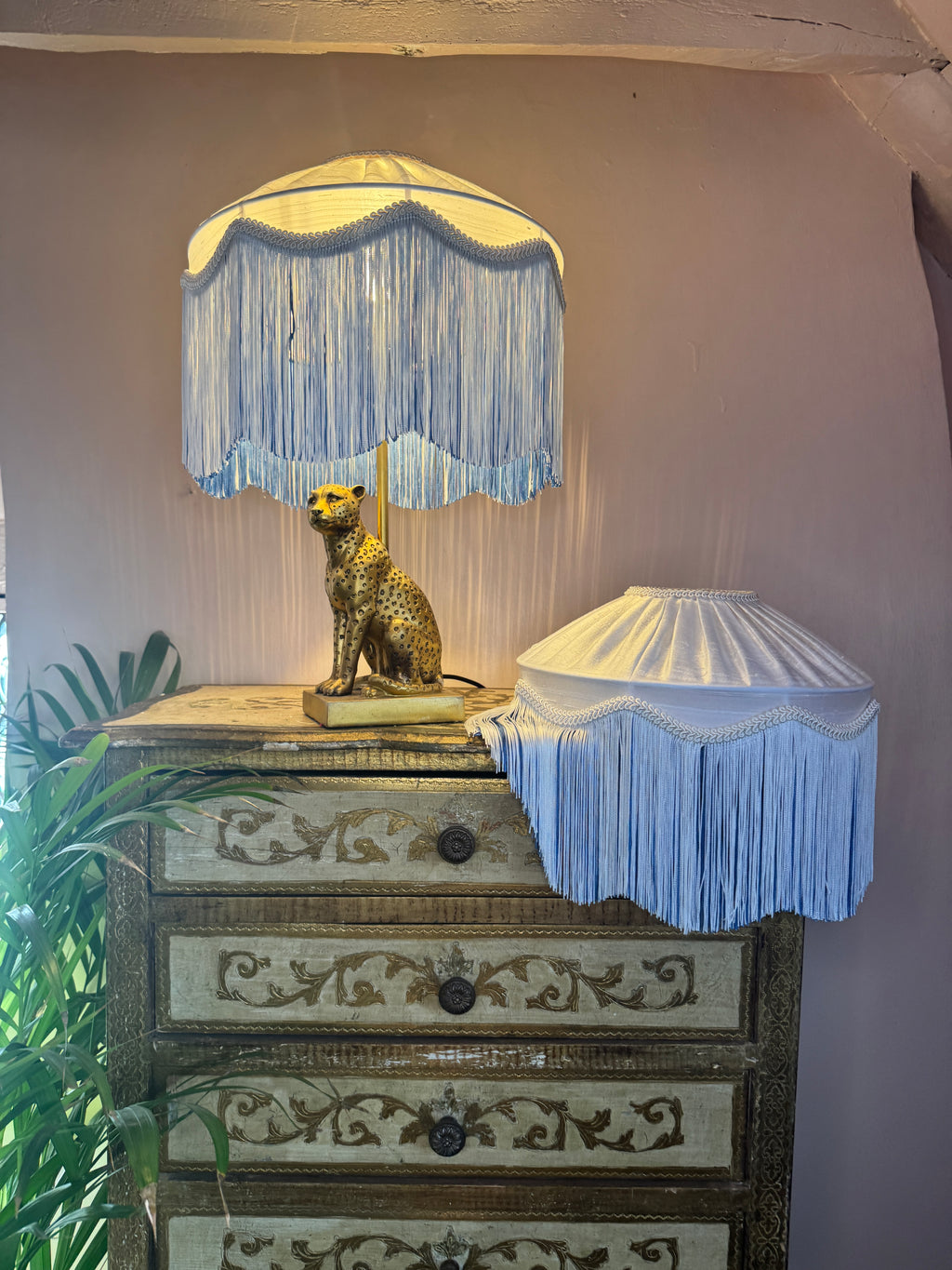 Handmade White Silk Pleated Lampshade with  White & Blue Two Tone Fringe