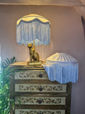 Handmade White Silk Pleated Lampshade with  White & Blue Two Tone Fringe
