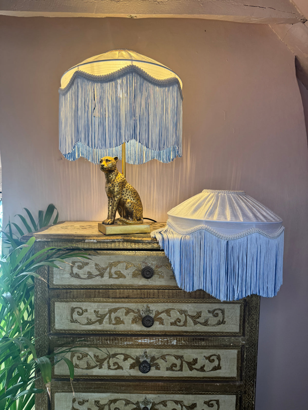Handmade White Silk Pleated Lampshade with  White & Blue Two Tone Fringe