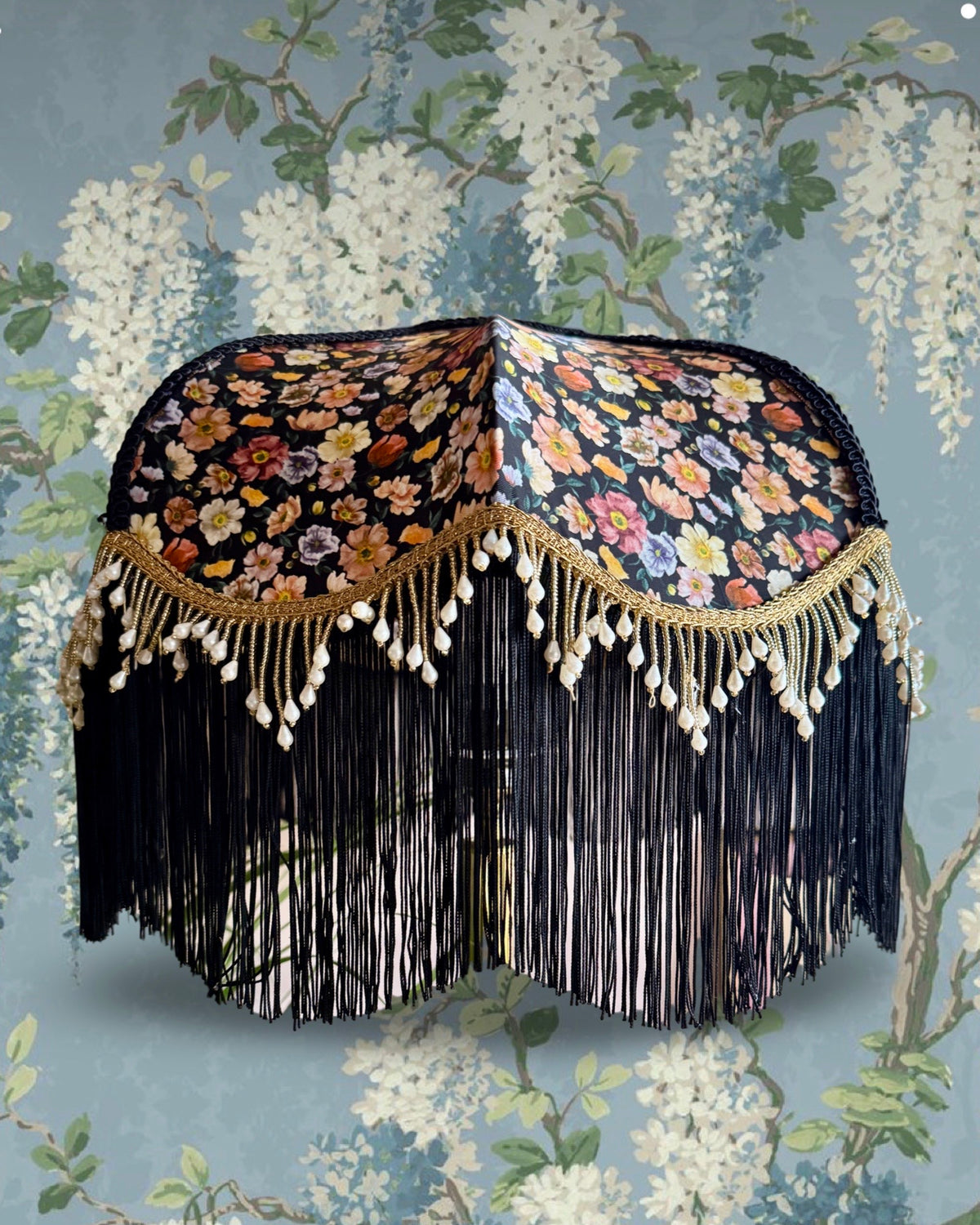 Handmade Black Floral Liberty Fringe Lampshade - One of a kind