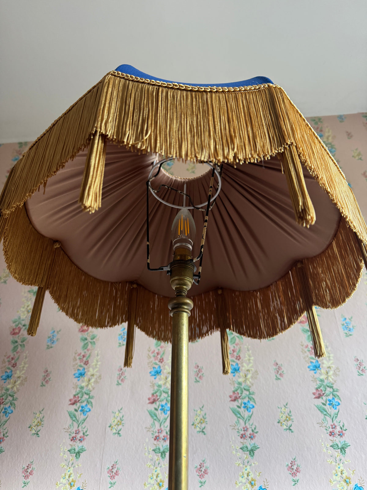 Handmade Navy Blue Velvet Fringe Lampshade With Gold Silk Fringe & Tassels