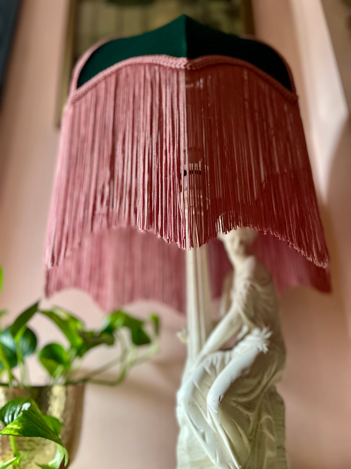 Handmade Bottle Green Velvet and Dusky Pink Fringe Lampshade