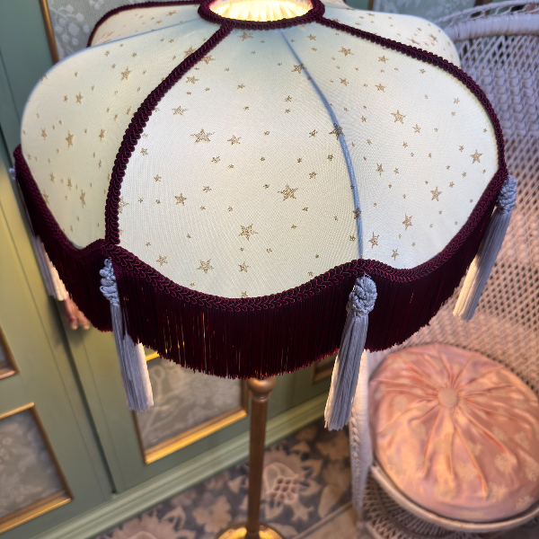 Handmade Pale Blue Satin and Gold Star Fringe Lampshade