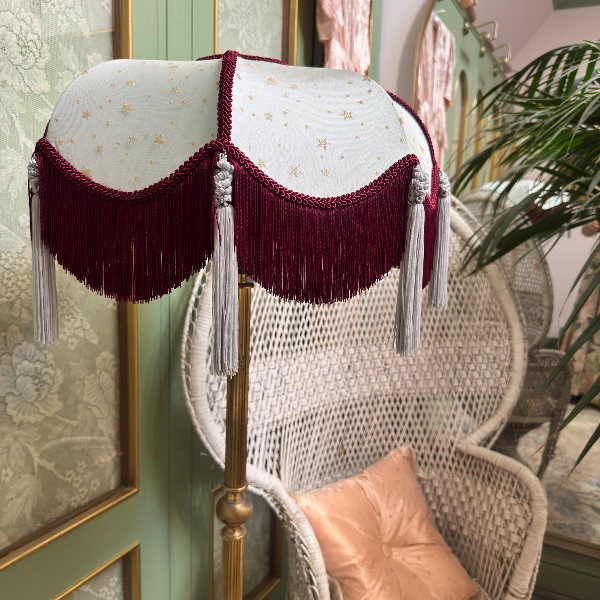 Handmade Pale Blue Satin and Gold Star Fringe Lampshade