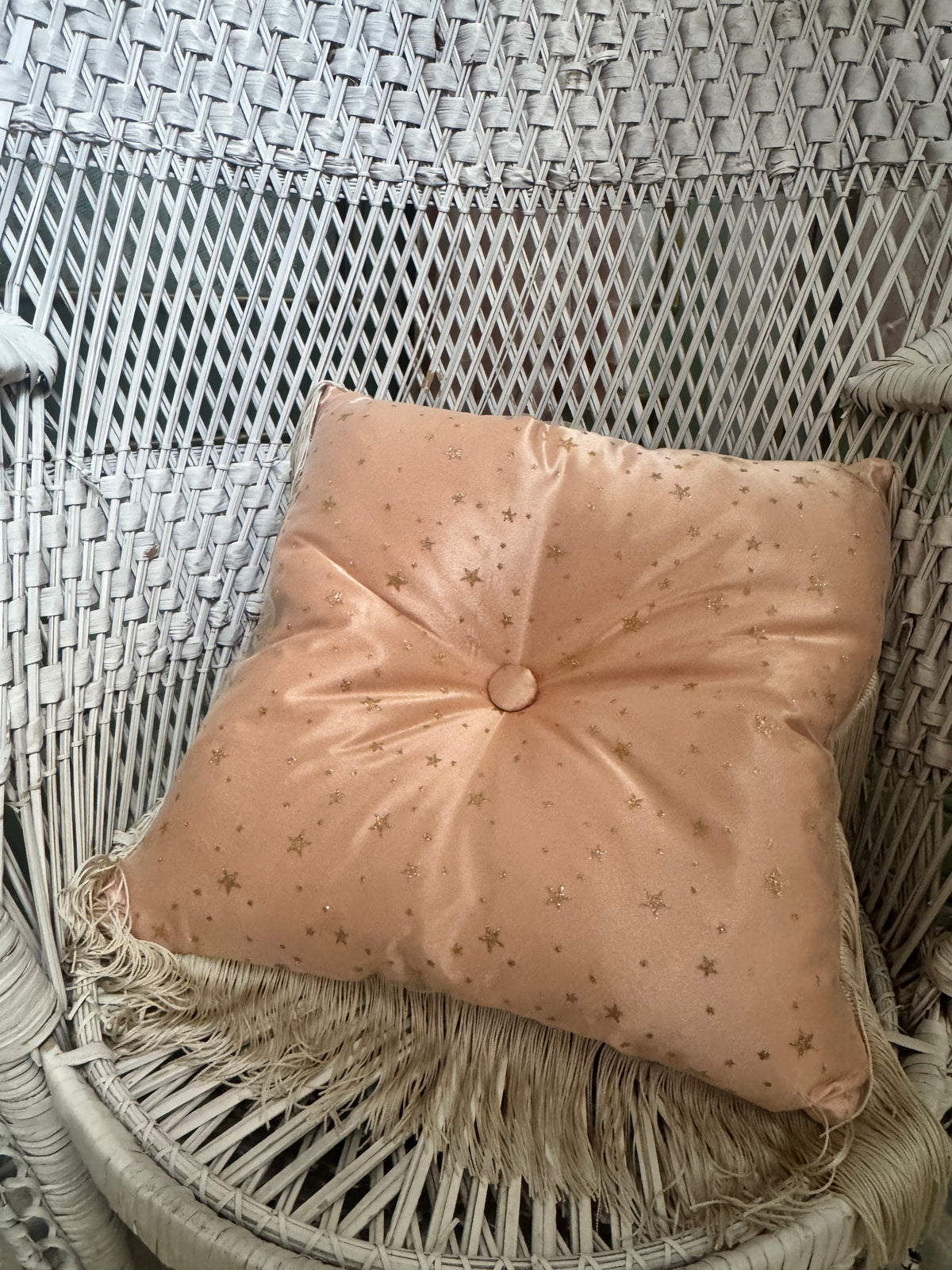 Handmade Peach Satin and Gold Star Fringe Cushion