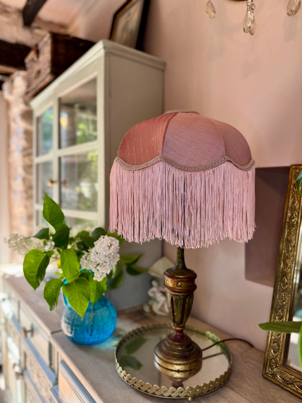 Handmade Antique Rose Pink Silk Fringe Lampshade