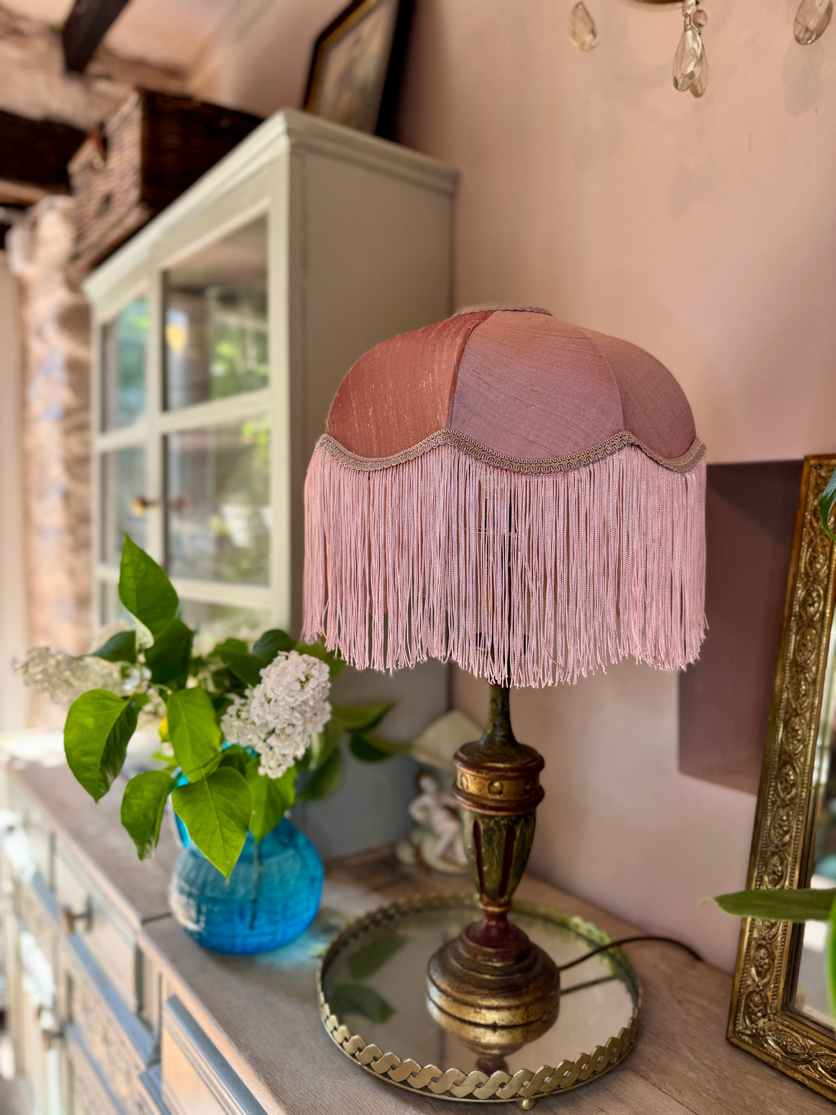 Handmade Antique Rose Pink Silk Fringe Lampshade