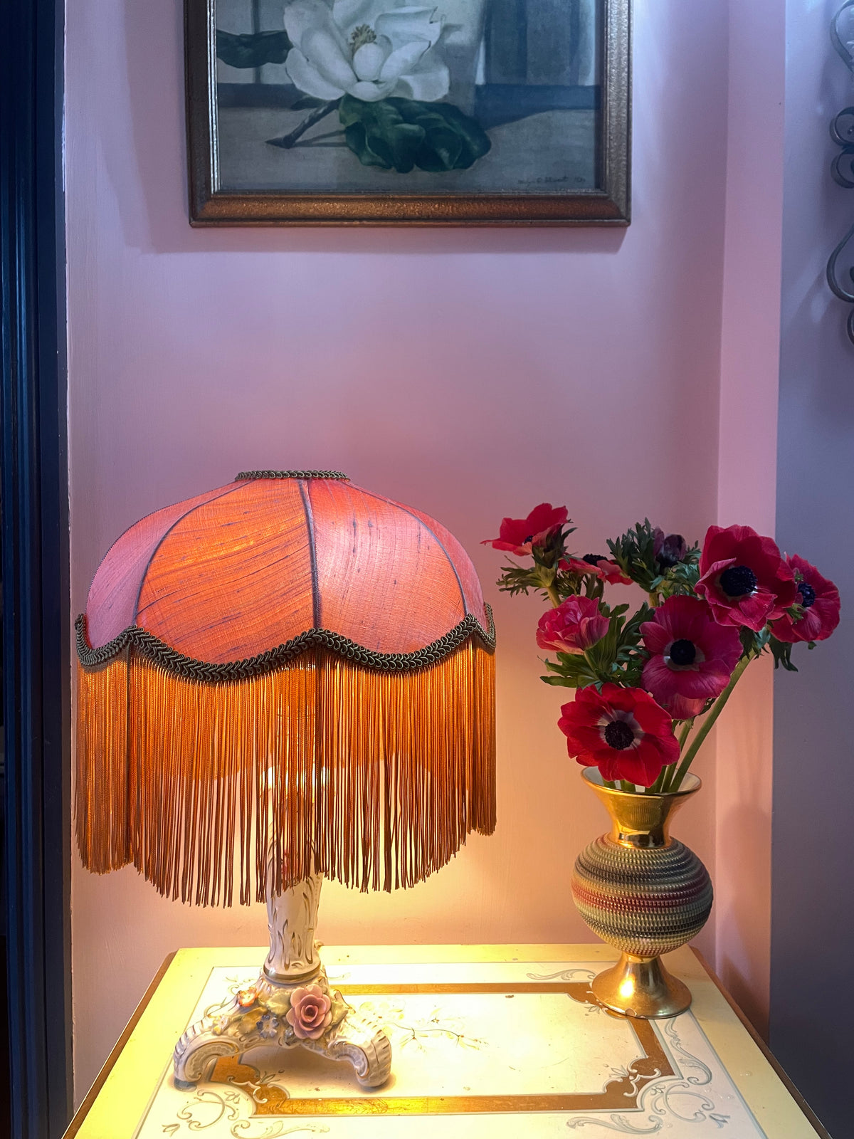 Handmade Antique Rose & Gold Silk Fringe Lampshade