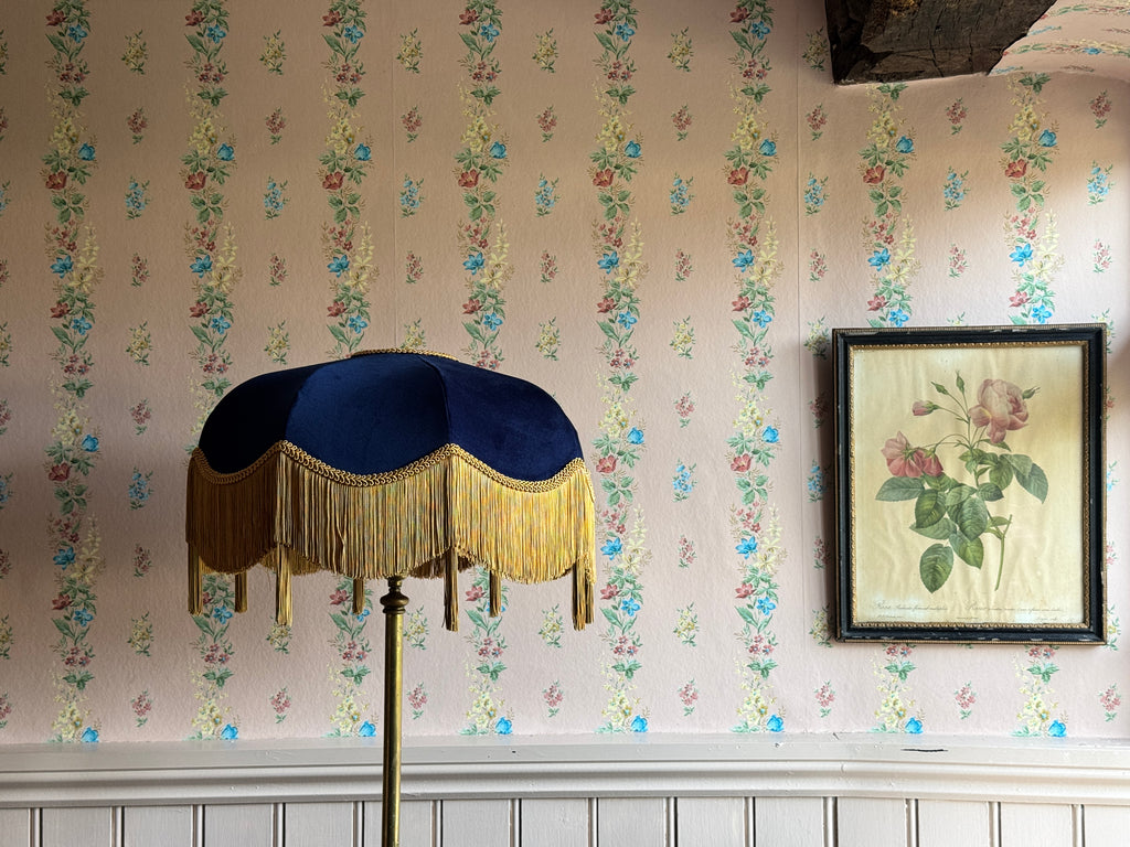 Handmade Navy Blue Velvet Fringe Lampshade With Gold Silk Fringe & Tassels
