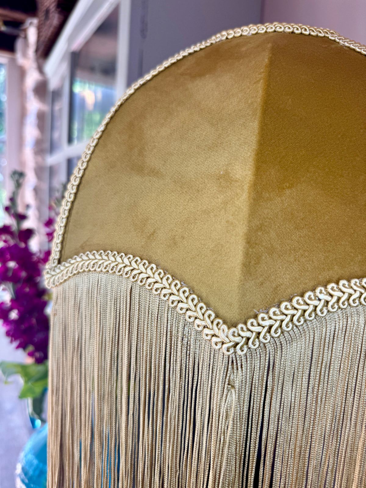 Handmade Mustard Velvet Lampshade with Gold Silk Fringe
