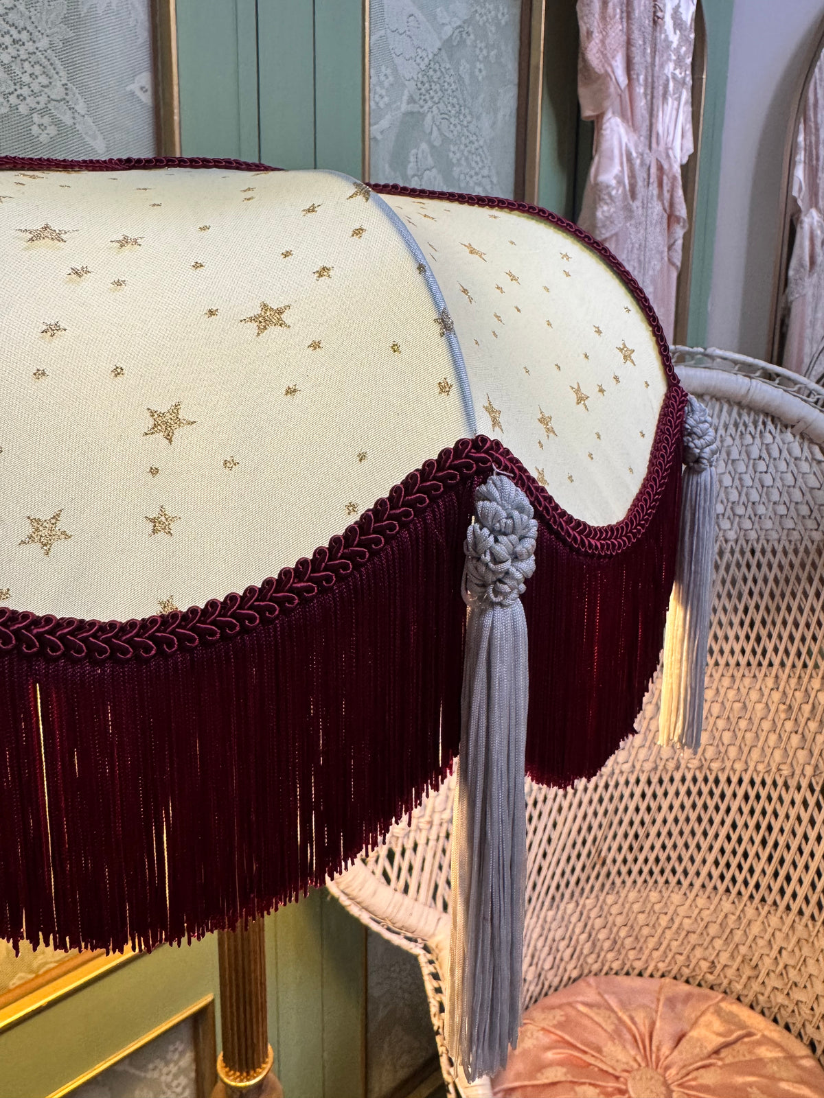 Handmade Pale Blue Satin and Gold Star Fringe Lampshade