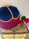 Handmade Navy Blue Velvet Fringe Lampshade With Red Wine Fringe and Gold Silk Braid