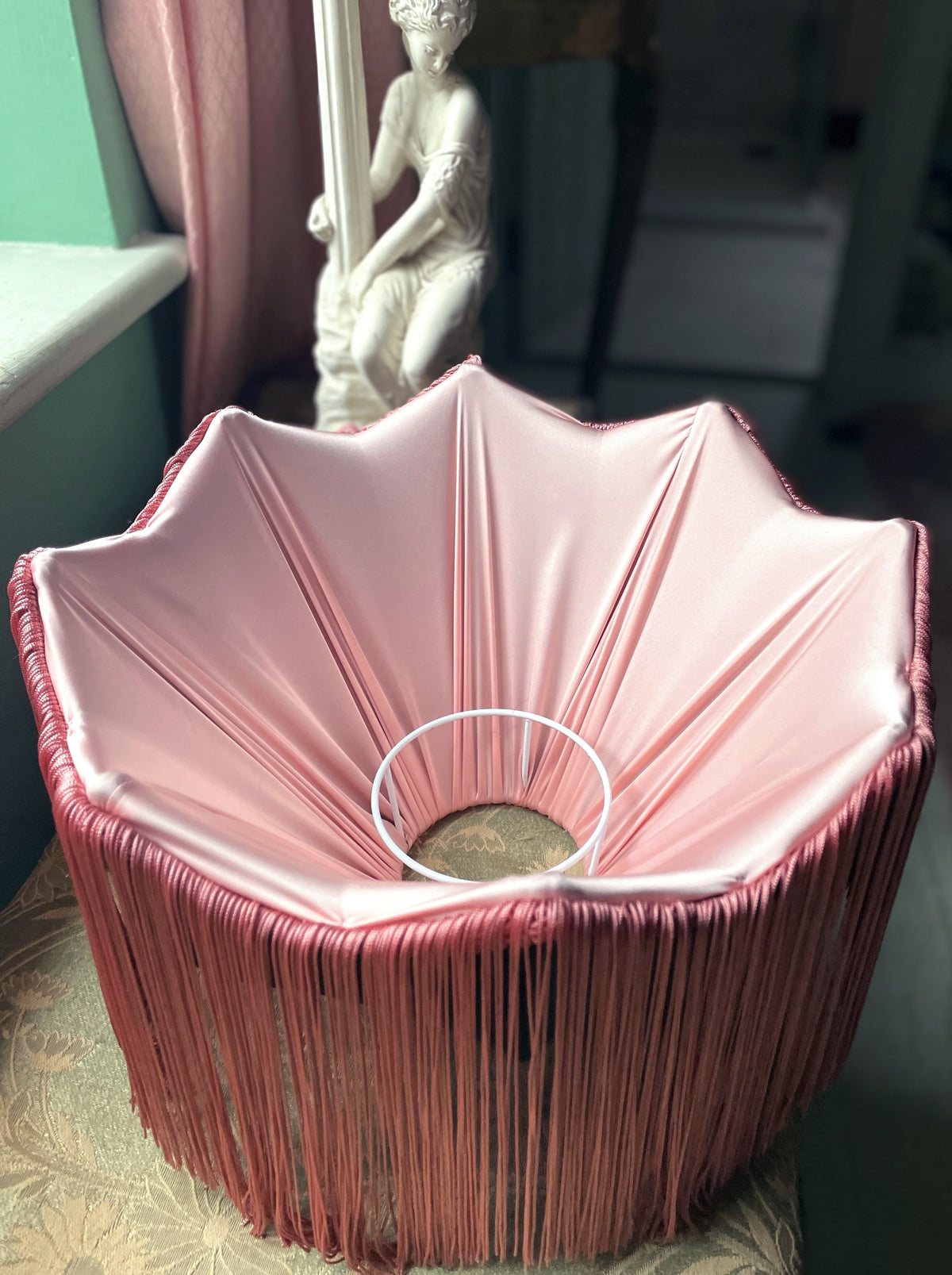 Handmade Bottle Green Velvet and Dusky Pink Fringe Lampshade