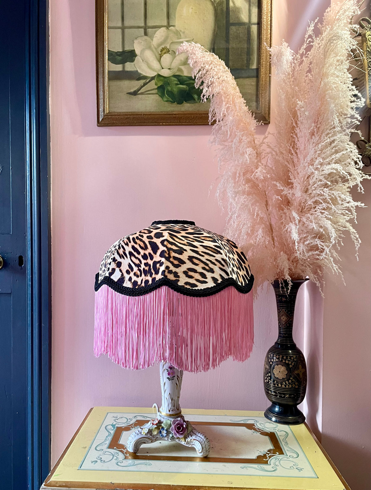 Handmade Leopard Velvet and Pink Fringe Lampshade