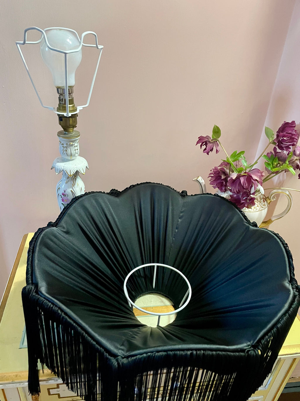 Handmade Black Velvet Fringe Lampshade with Extra Long Silk Tassels