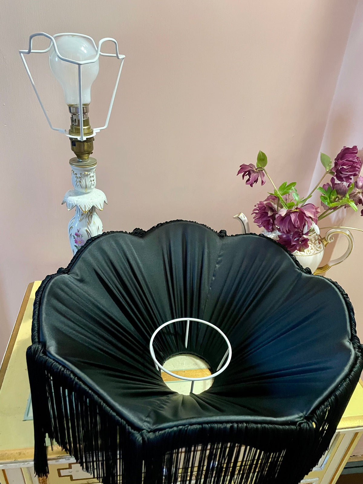 Handmade Black Velvet Fringe Lampshade with Extra Long Silk Tassels