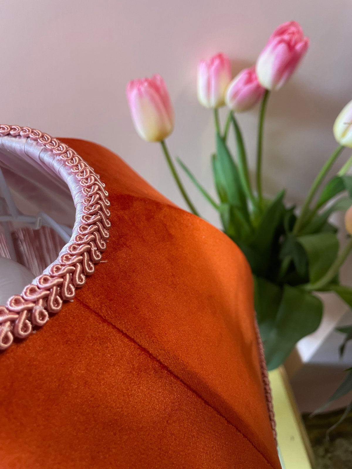 Handmade Coral Velvet and Dusky Pink Fringe Lampshade