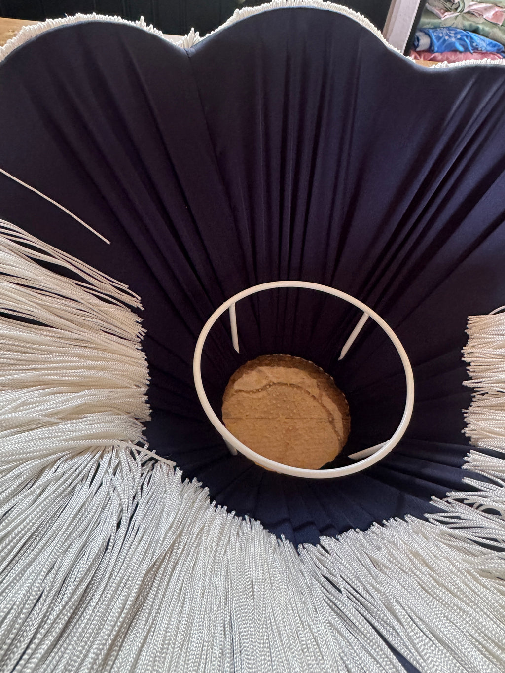 Handmade Navy Blue Velvet Fringe Lampshade With Ivory Fringe and Matching Silk Braid