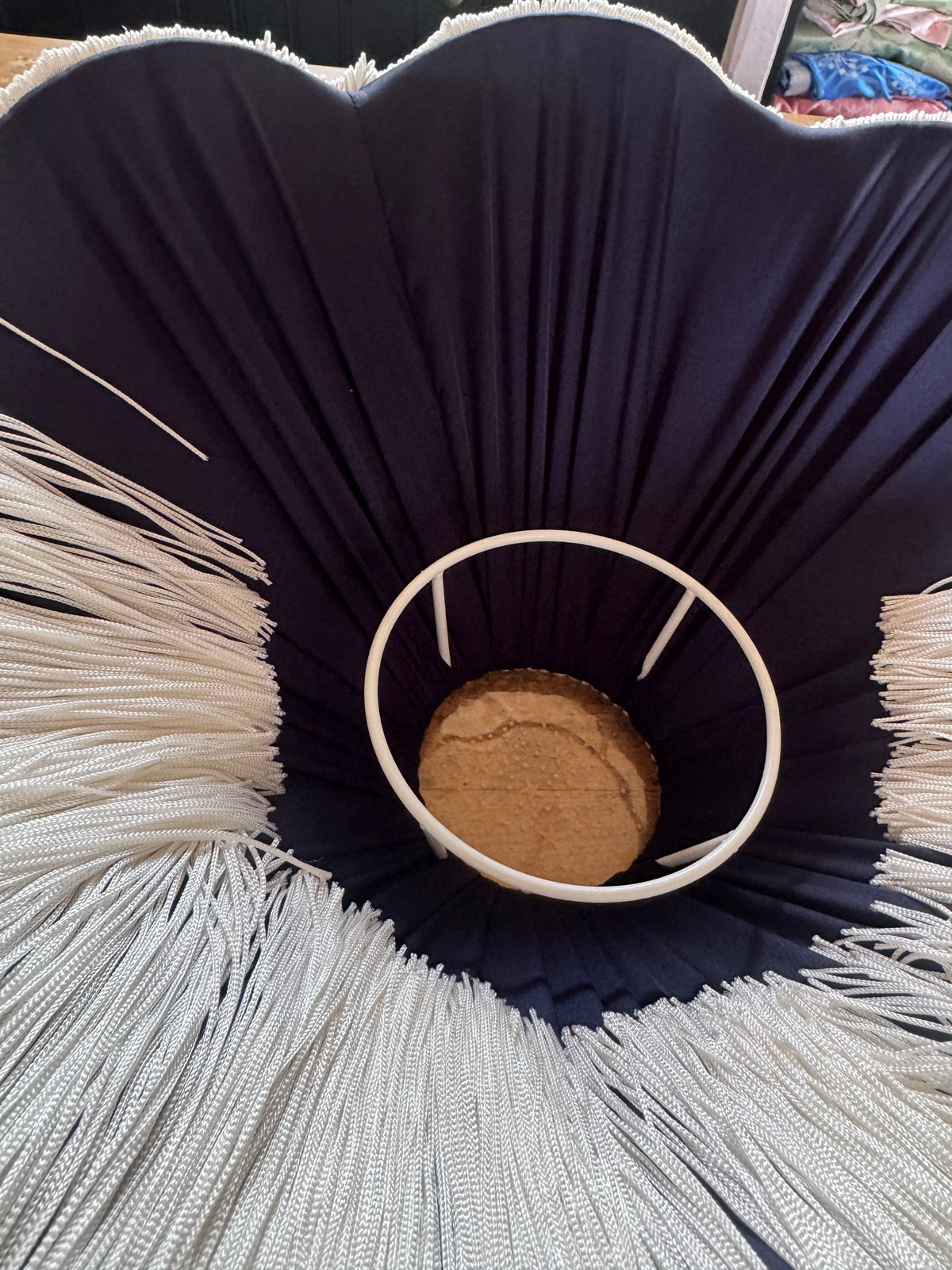 Handmade Navy Blue Velvet Fringe Lampshade With Ivory Fringe and Matching Silk Braid