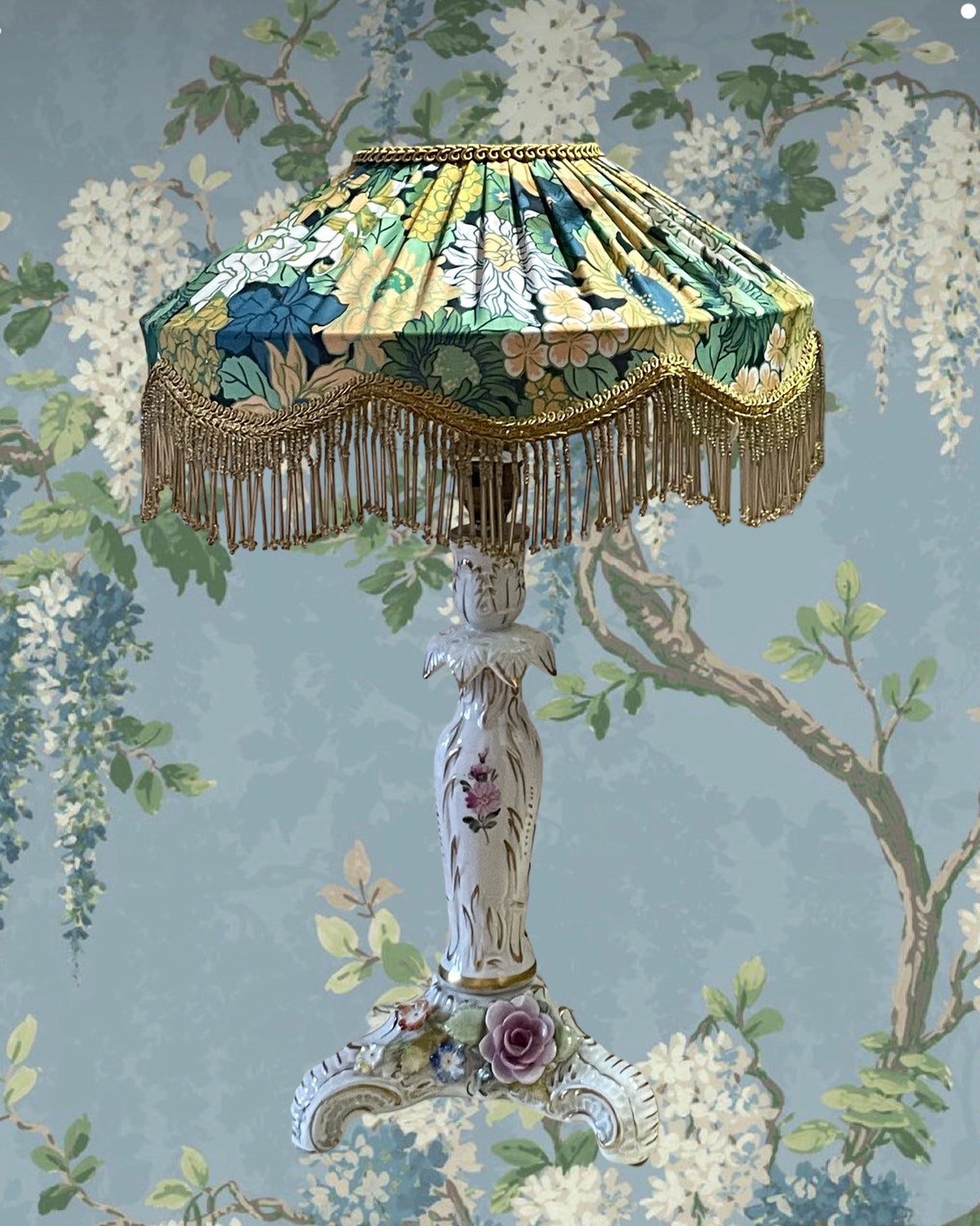 Handmade Floral Lampshade with Gold Bead Fringe