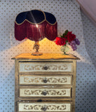 Handmade Navy Blue Velvet Fringe Lampshade With Red Wine Fringe and Gold Silk Braid