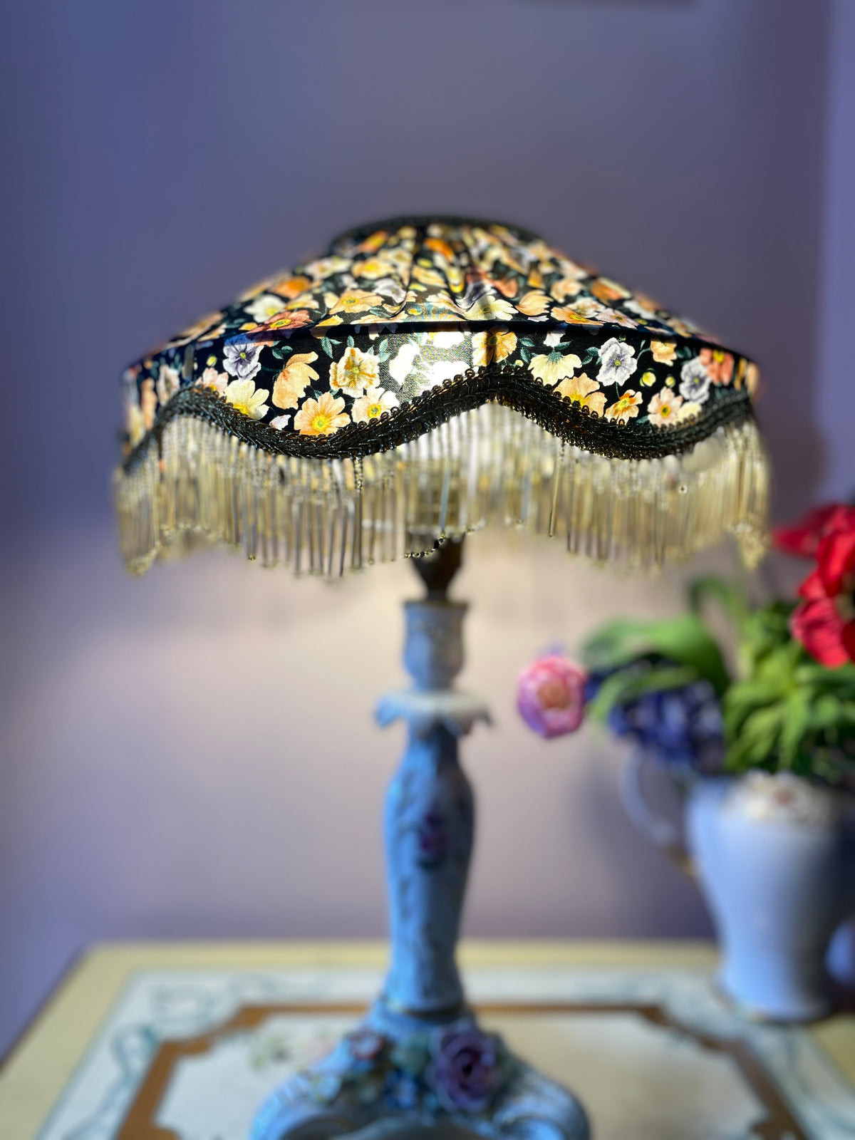 Handmade Dark floral Liberty Silk Beaded Lampshade