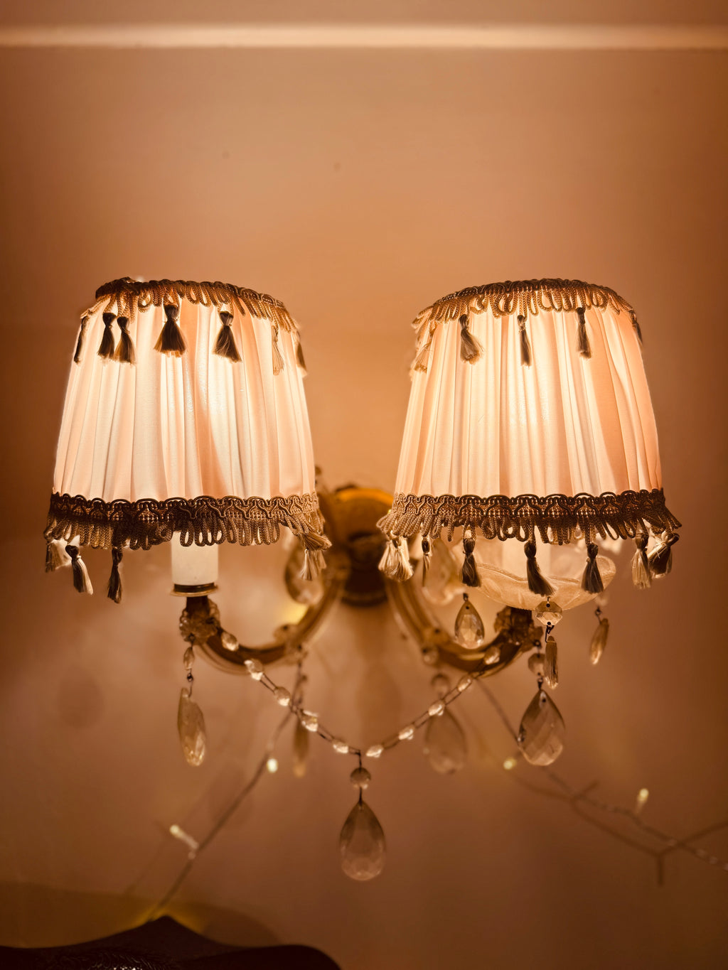Blush Pink Gathered Lampshade with Oyster Tassel Trim