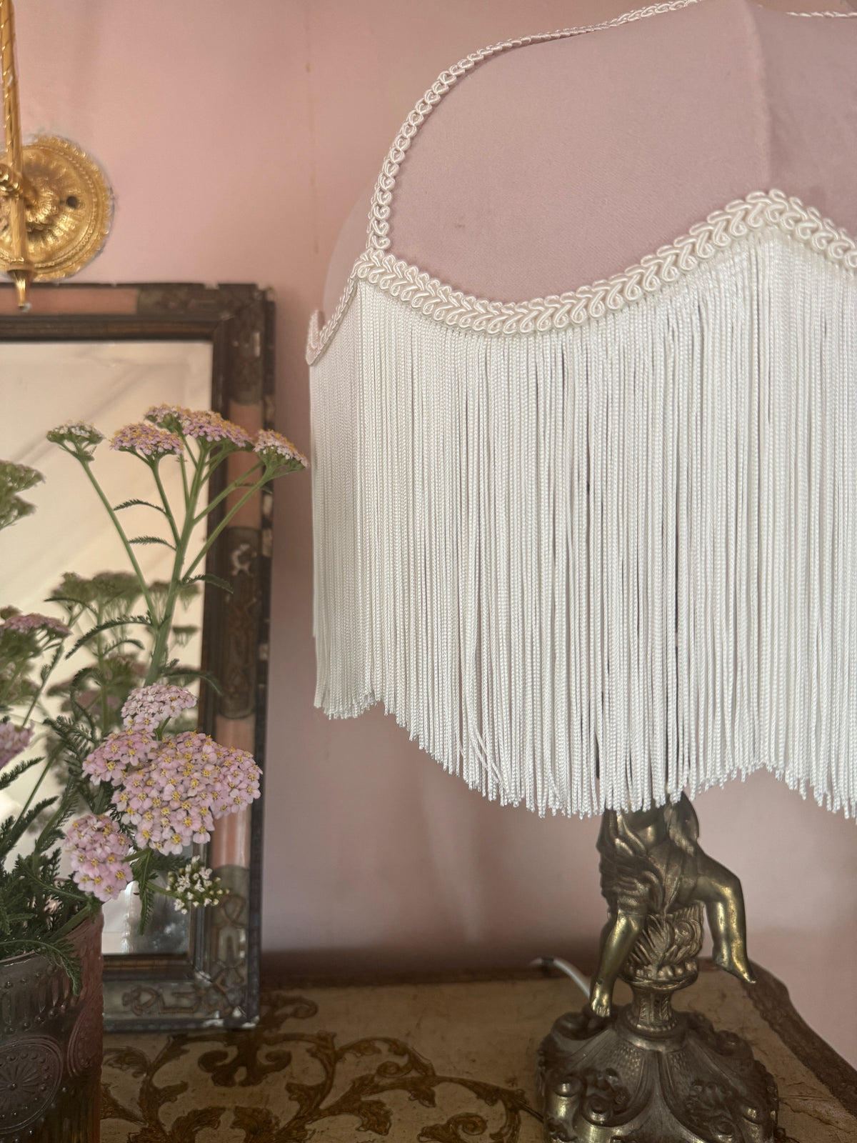 Handmade Dusky Pink Velvet & Ivory Fringe Lampshade