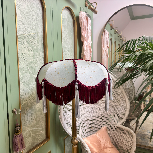 Handmade Pale Blue Satin and Gold Star Fringe Lampshade