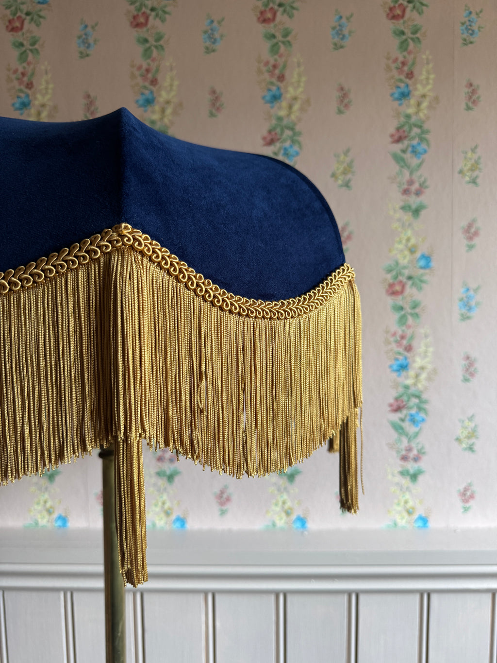 Handmade Navy Blue Velvet Fringe Lampshade With Gold Silk Fringe & Tassels