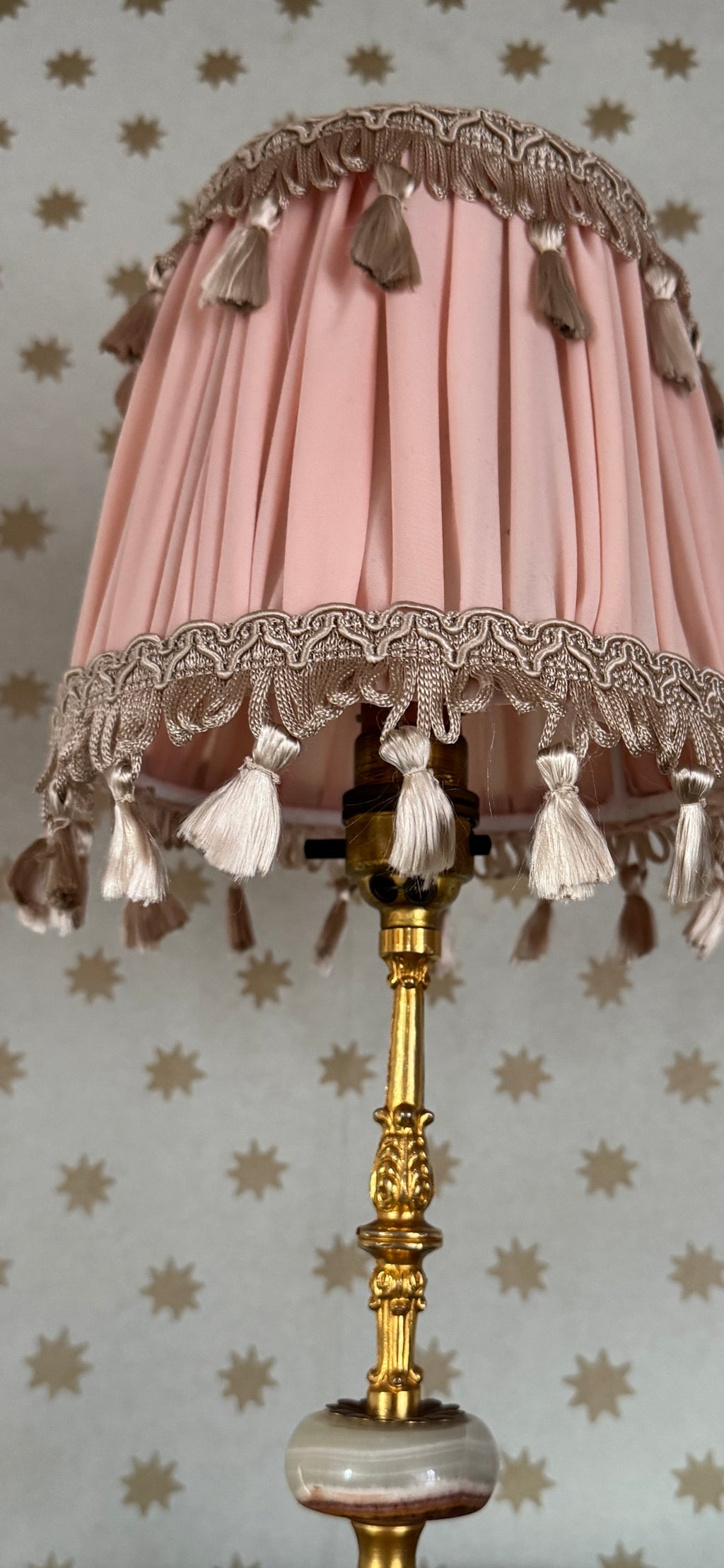 Blush Pink Gathered Lampshade with Oyster Tassel Trim