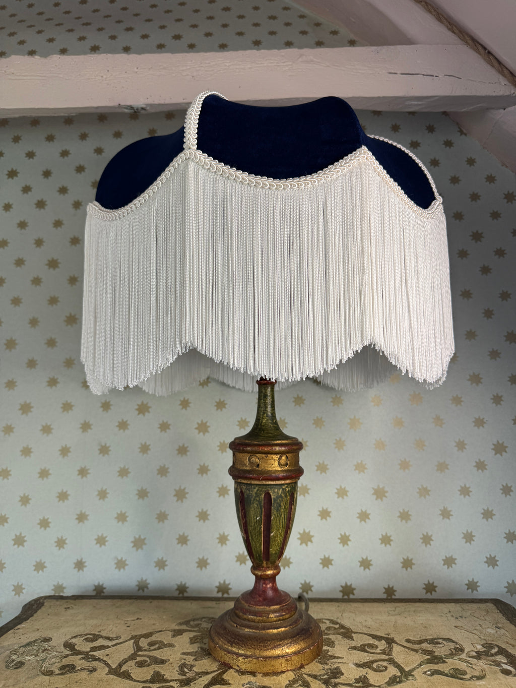 Handmade Navy Blue Velvet Fringe Lampshade With Ivory Fringe and Matching Silk Braid