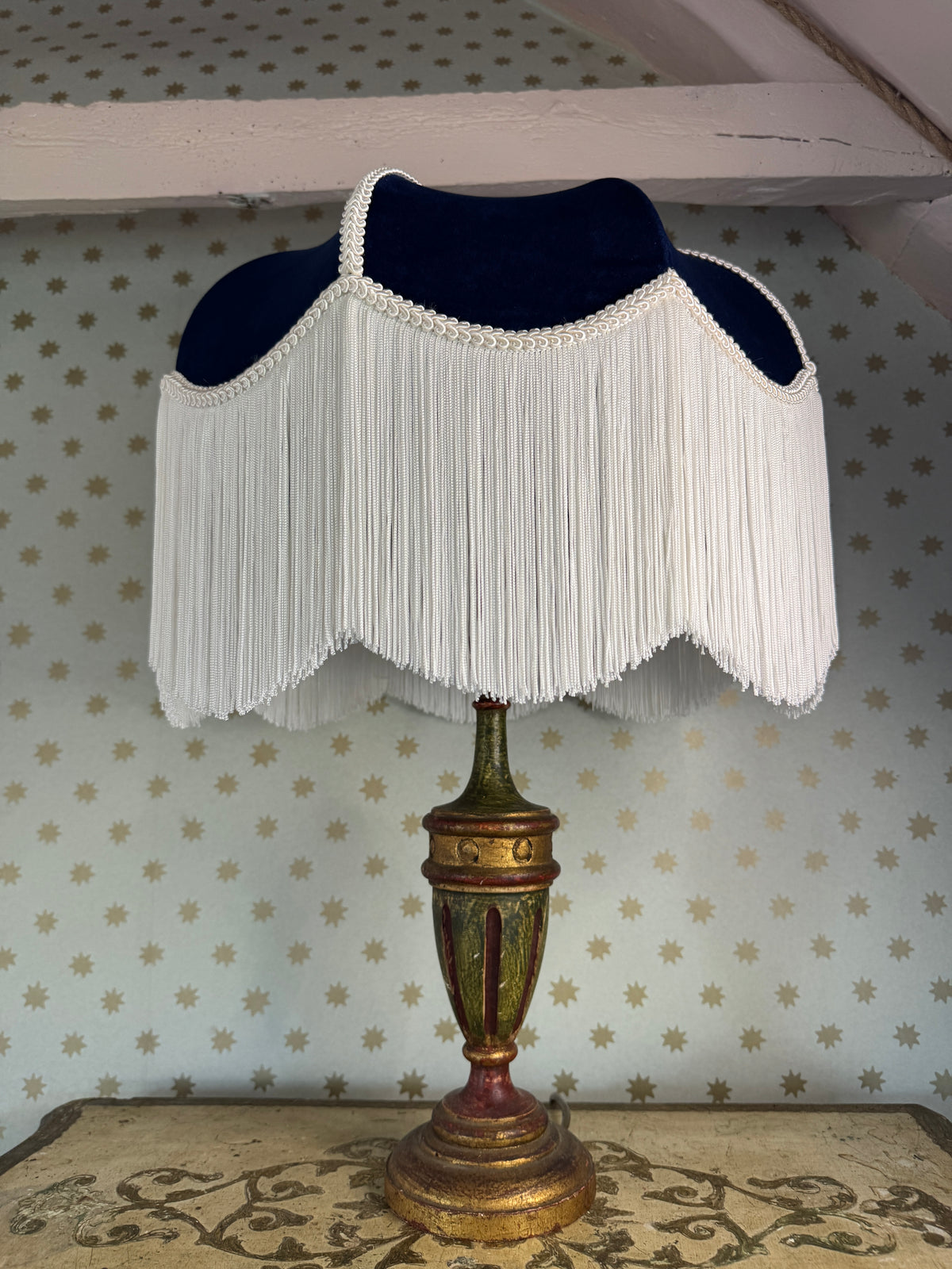 Handmade Navy Blue Velvet Fringe Lampshade With Ivory Fringe and Matching Silk Braid