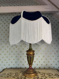 Handmade Navy Blue Velvet Fringe Lampshade With Ivory Fringe and Matching Silk Braid