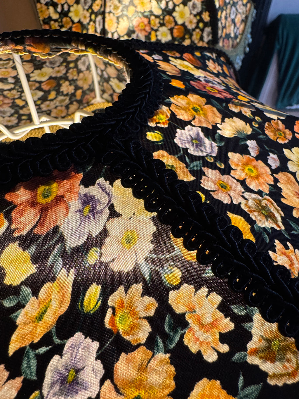 Handmade Black Floral Liberty Fringe Lampshade - One of a kind