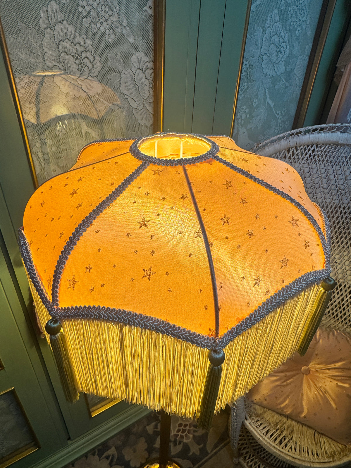 Handmade Peach Satin and Gold Star Fringe Lampshade
