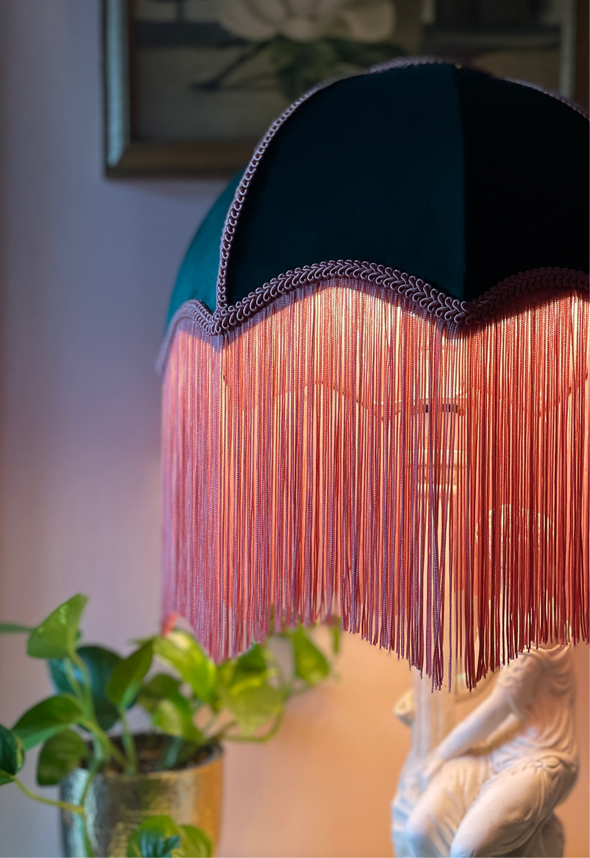 Handmade Bottle Green Velvet and Dusky Pink Fringe Lampshade