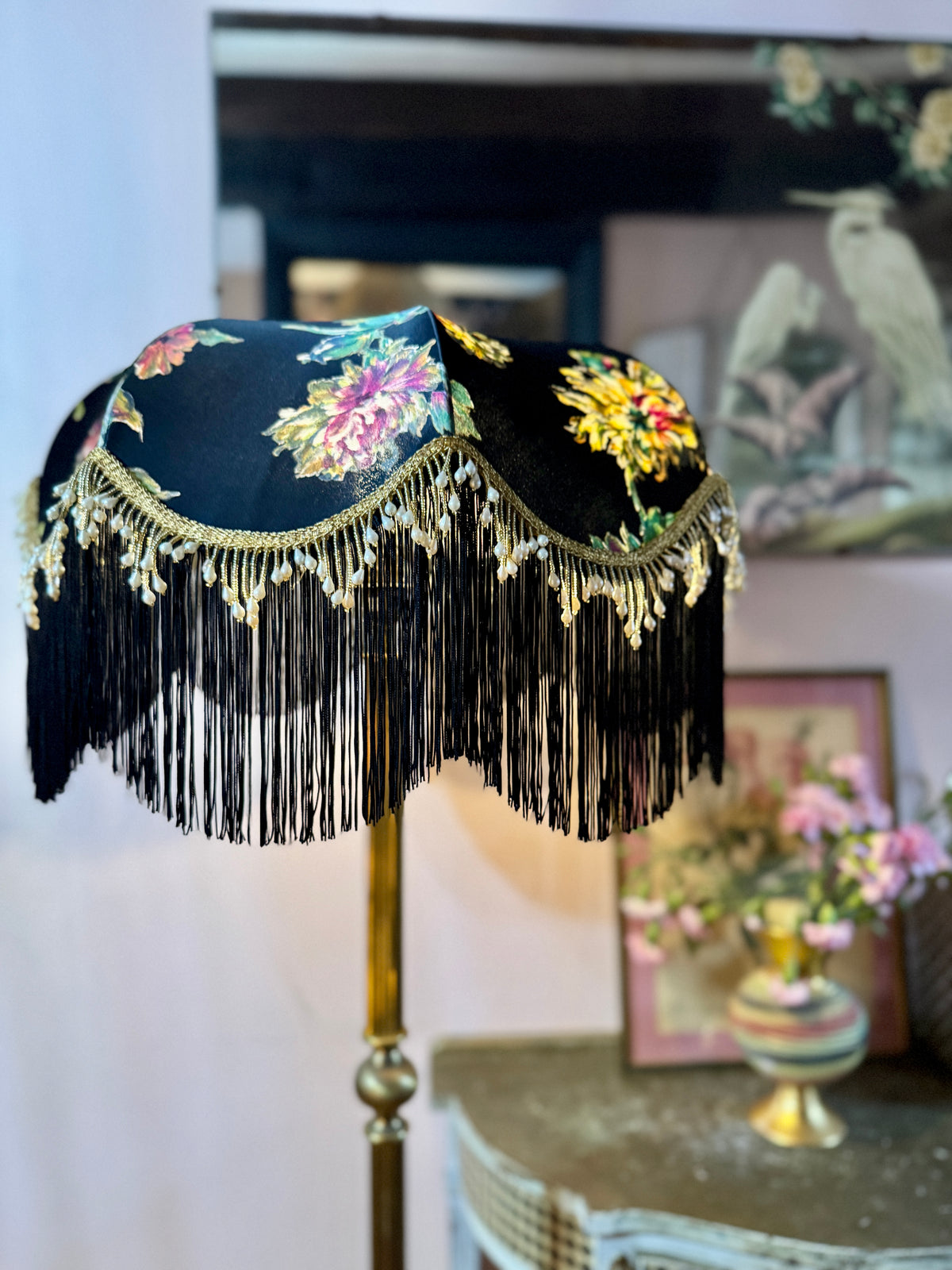 Handmade Black Floral Vintage Fringe Lampshade - One Of A Kind