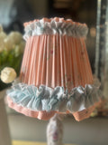 “Cynthia” Handmade Pleated Lampshade in Vintage 1950s Peach Floral Fabric with Blue Frill
