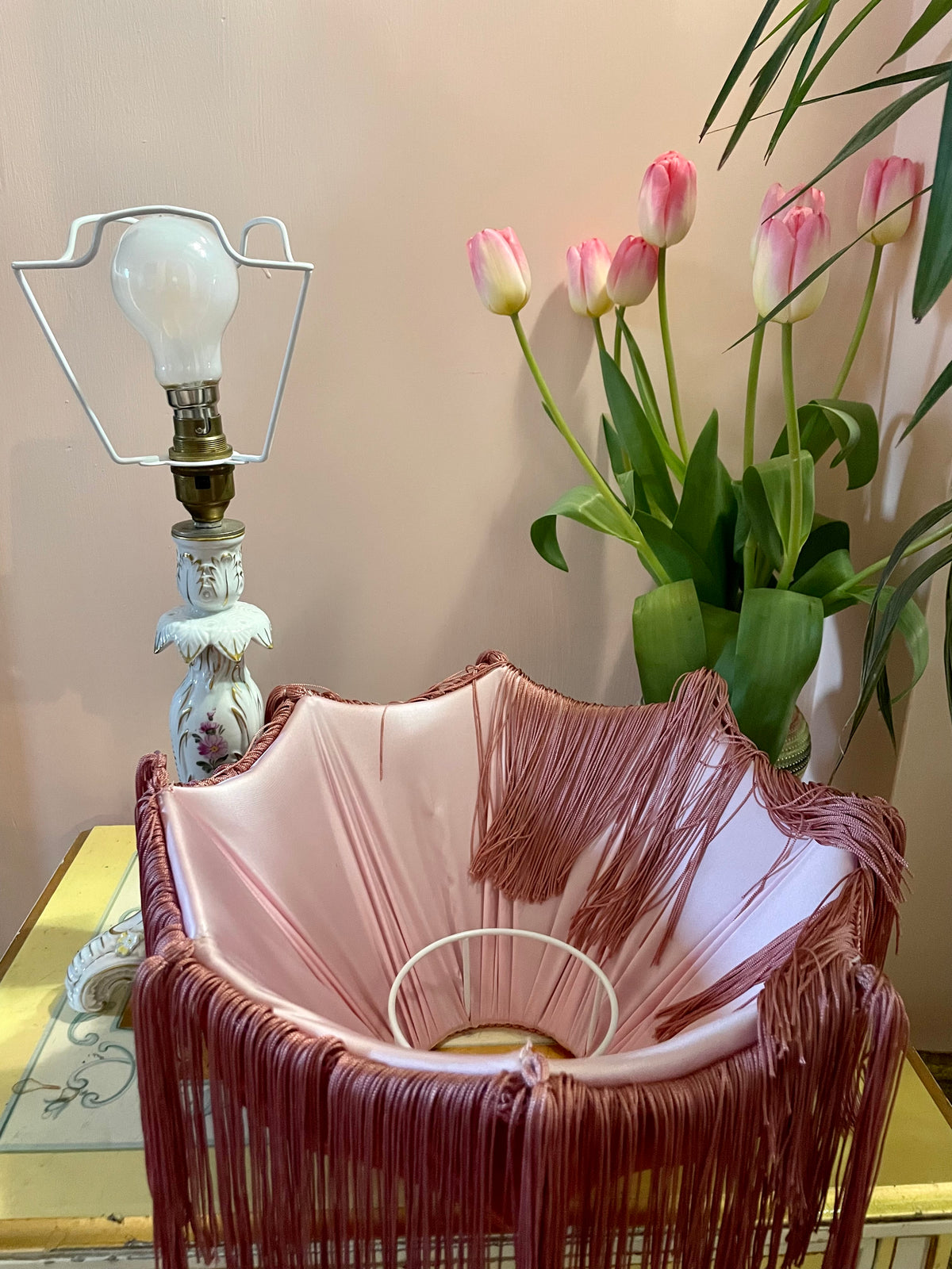 Handmade Coral Velvet and Dusky Pink Fringe Lampshade