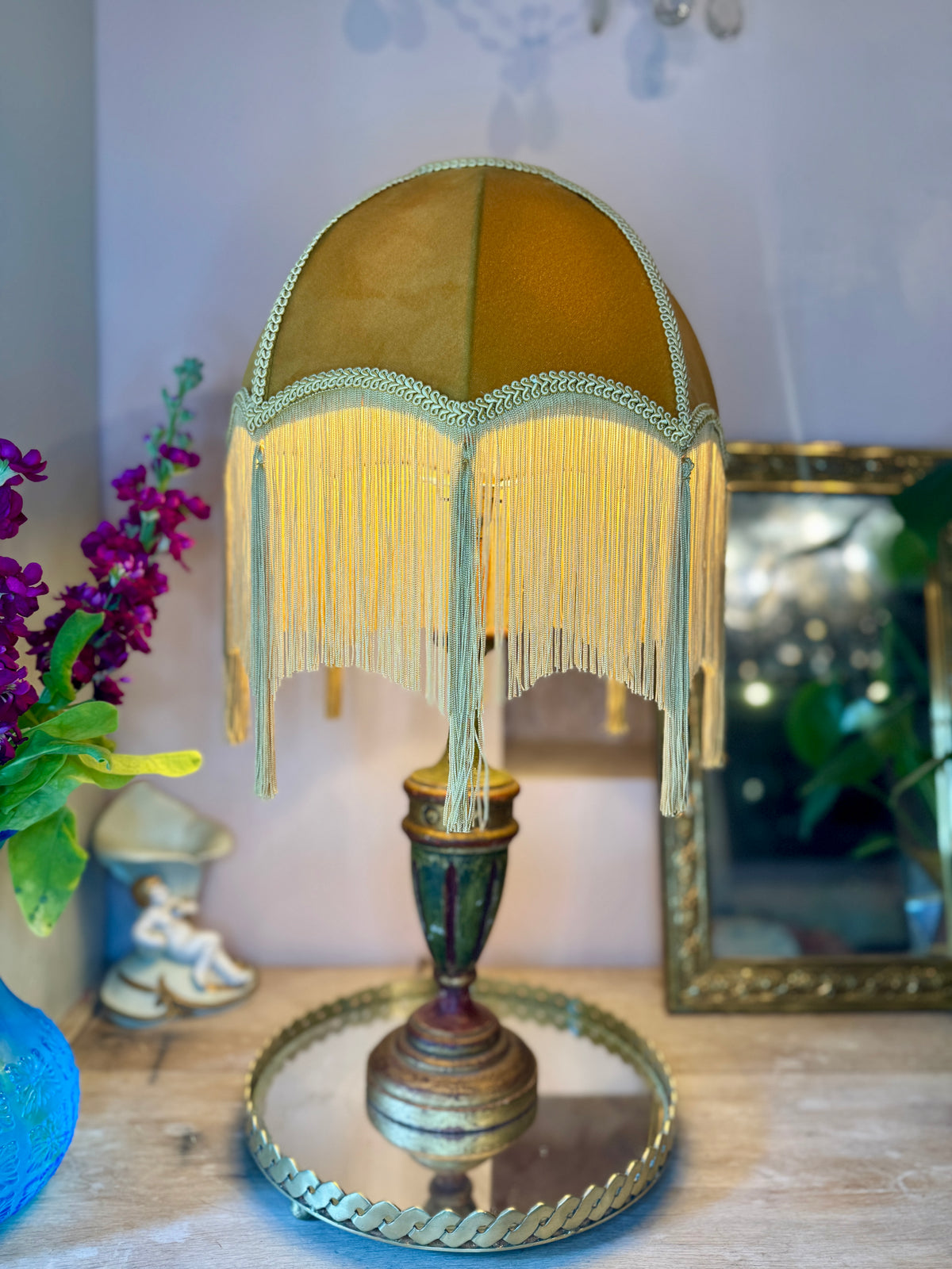 Handmade Mustard Velvet Lampshade with Gold Silk Fringe