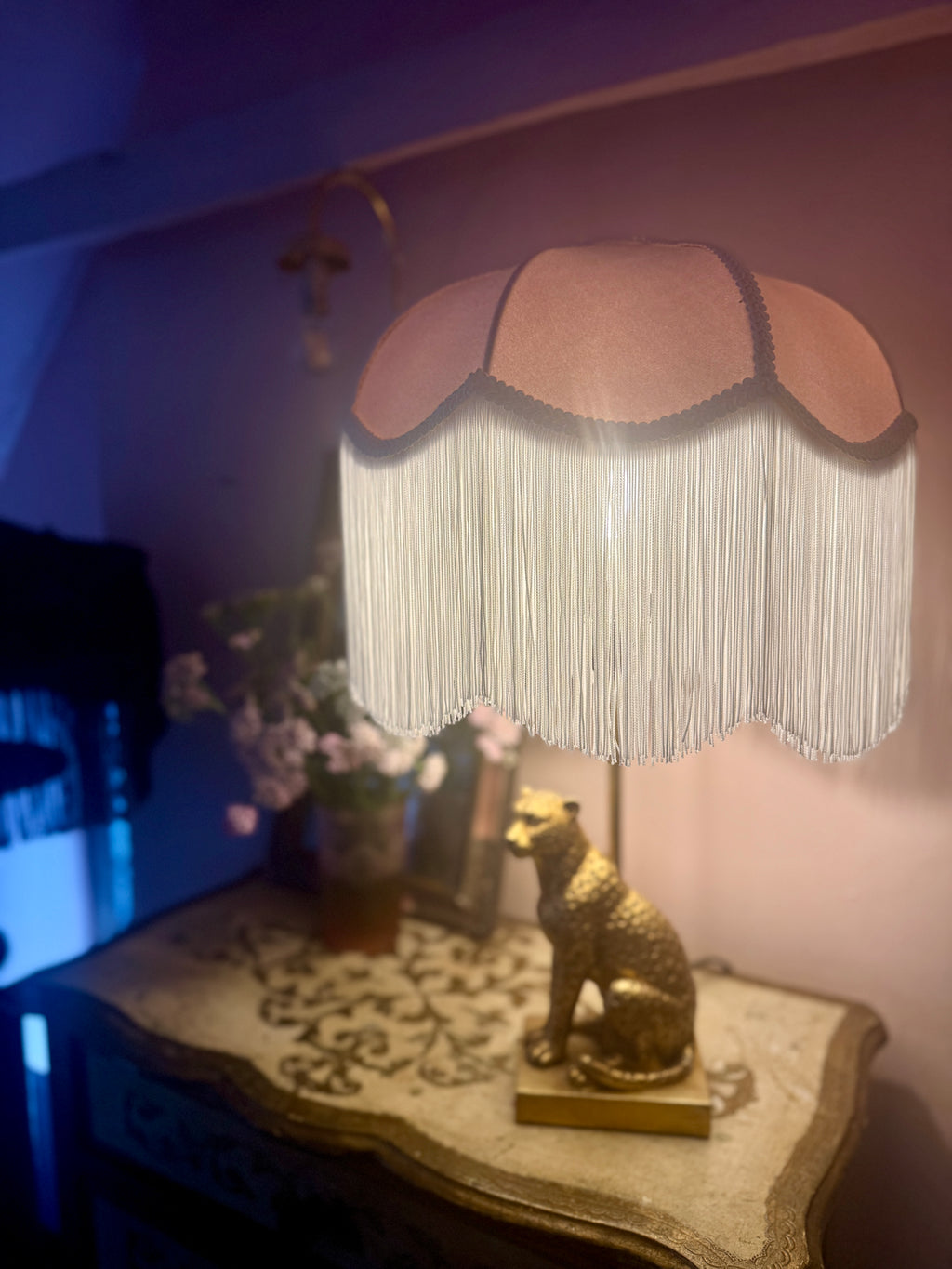 Handmade Dusky Pink Velvet & Ivory Fringe Lampshade